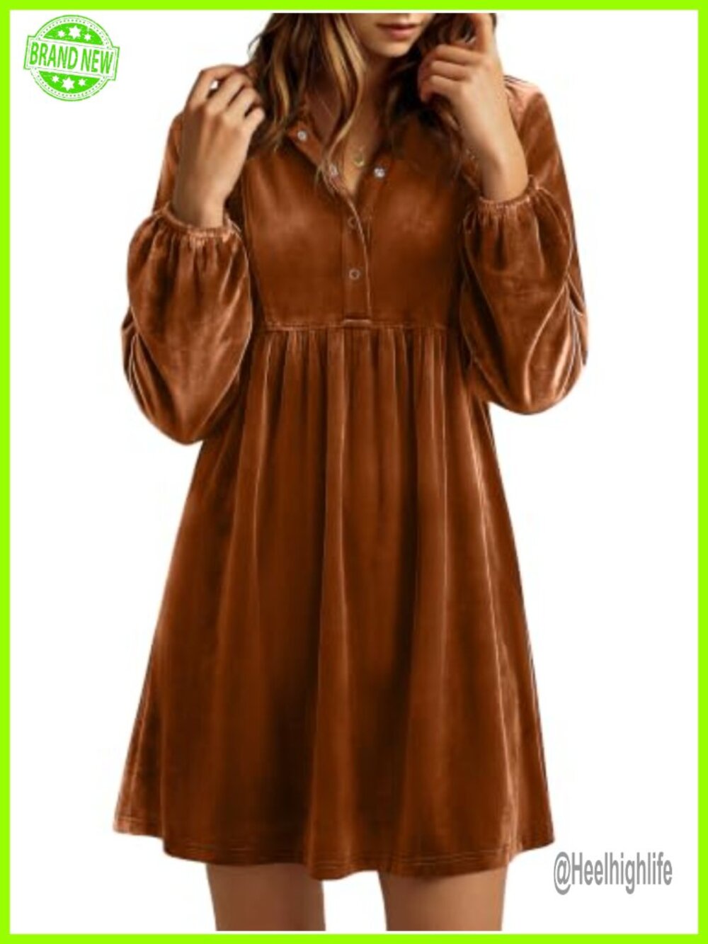 Women's Velvet Mini Babydoll Dress Long Sleeve Button Up Pockets